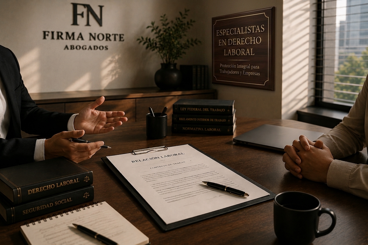 Abogado explicando un contrato de trabajo a una persona en una sala de reuniones